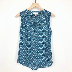 Kenar Blue Tribal Print Half Button Sleeveless Top
